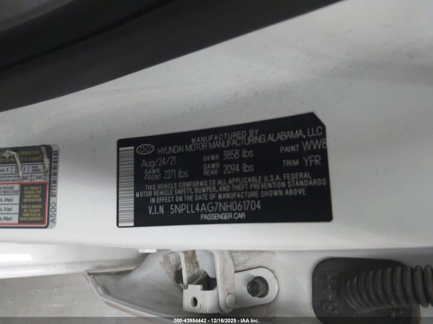 2022 Hyundai Elantra Se VIN: 5NPLL4AG7NH061704 Lot: 43954442