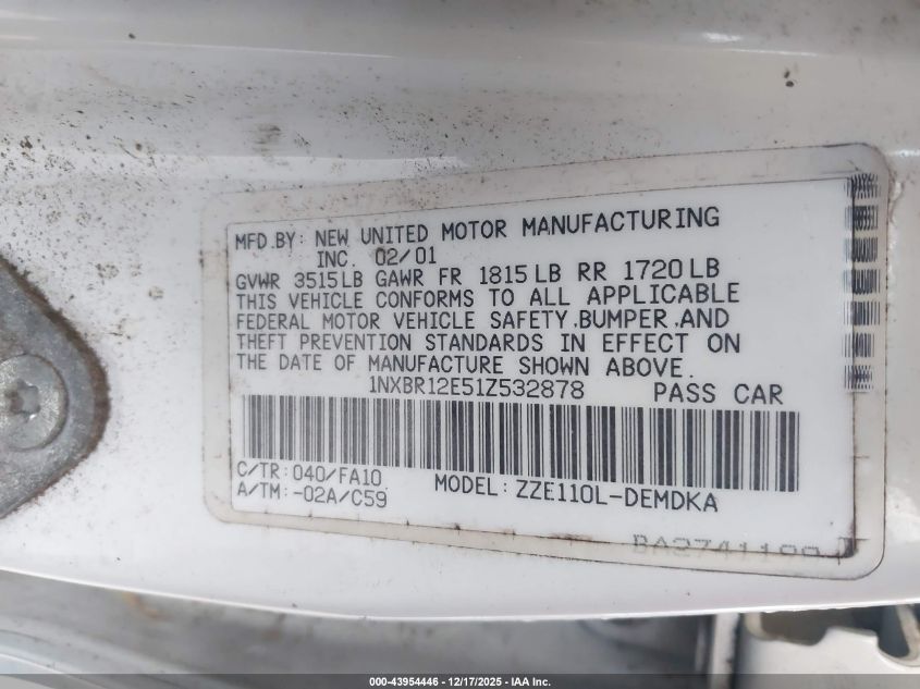 2001 Toyota Corolla Le VIN: 1NXBR12E51Z532878 Lot: 43954446