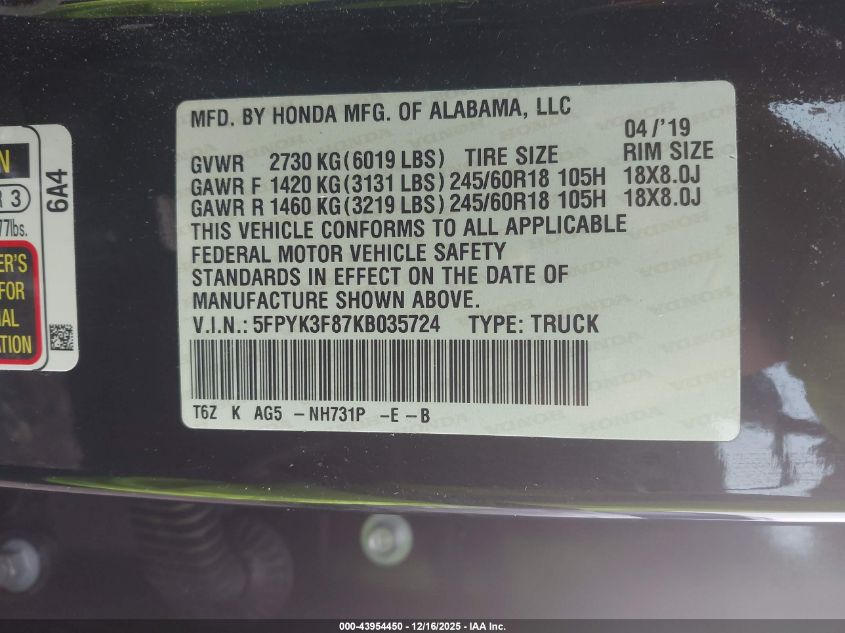 2019 Honda Ridgeline Black Edition VIN: 5FPYK3F87KB035724 Lot: 43954450