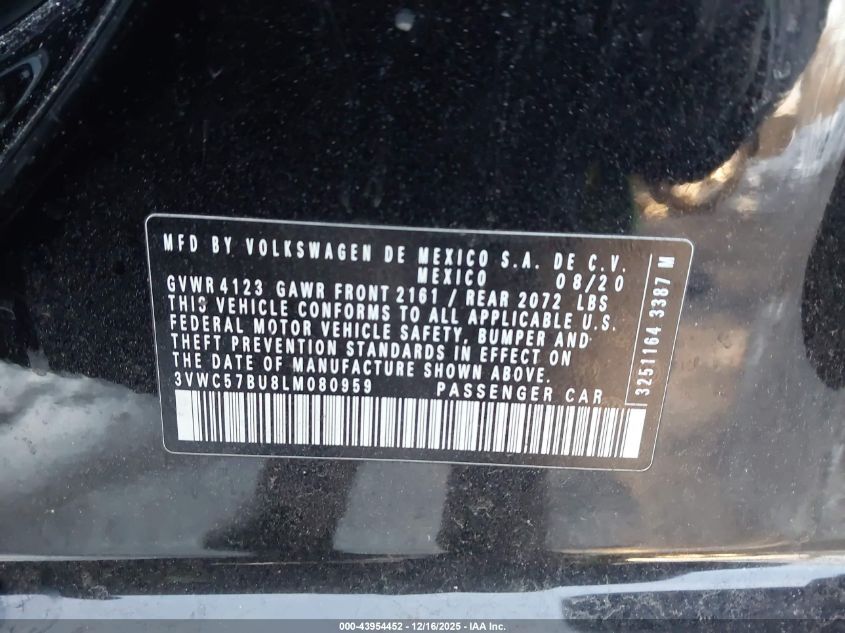 2020 Volkswagen Jetta 1.4T R-Line/1.4T S/1.4T Se VIN: 3VWC57BU8LM080959 Lot: 43954452