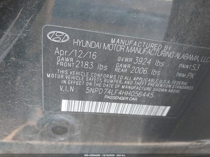 2017 Hyundai Elantra Se VIN: 5NPD74LF4HH056445 Lot: 43954455