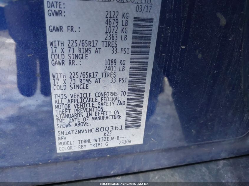 2017 Nissan Rogue Sv VIN: 5N1AT2MV5HC800361 Lot: 43954456