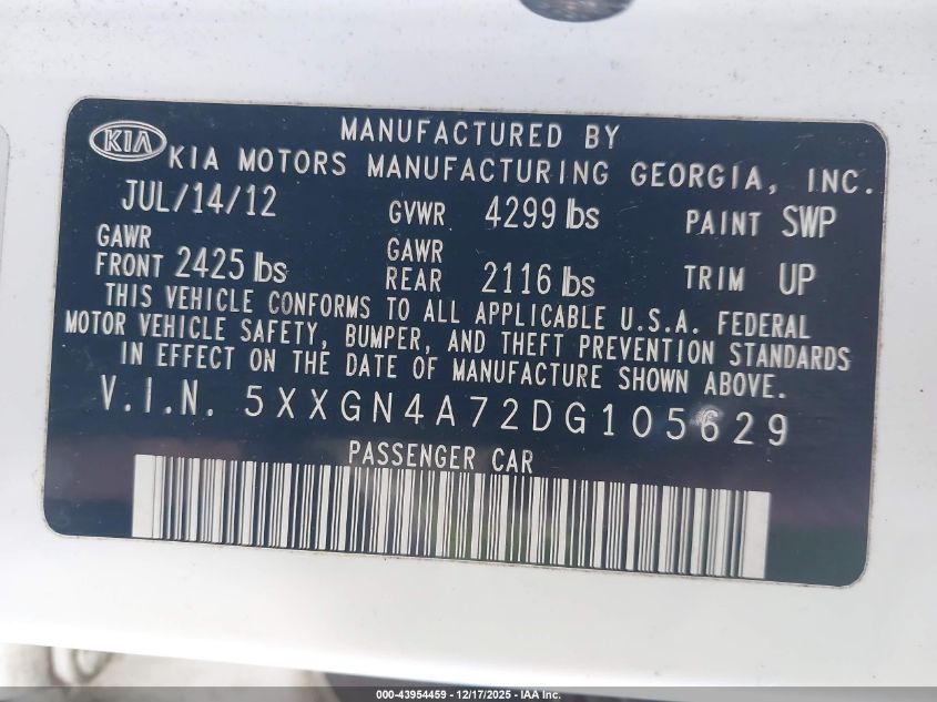 2013 Kia Optima Ex VIN: 5XXGN4A72DG105629 Lot: 43954459