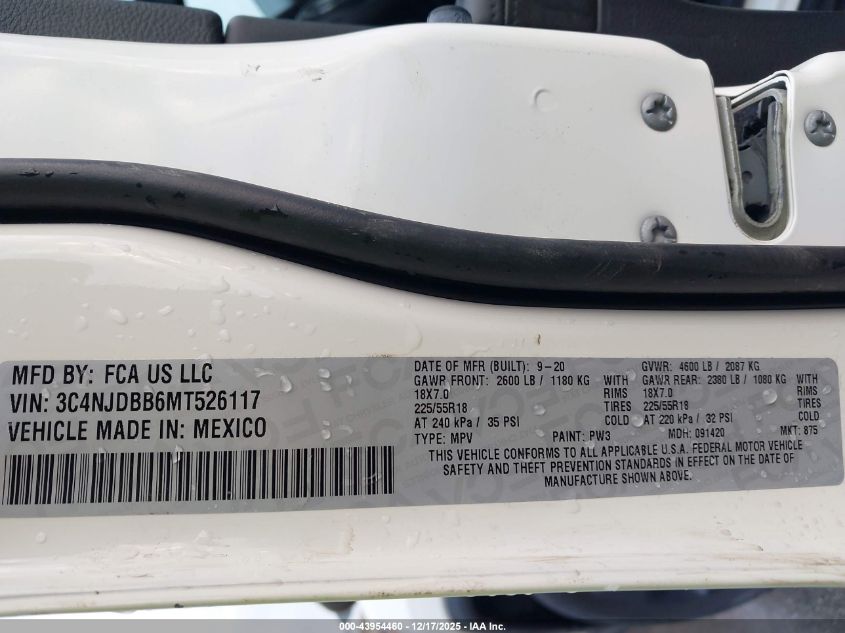 2021 Jeep Compass Altitude 4X4 VIN: 3C4NJDBB6MT526117 Lot: 43954460