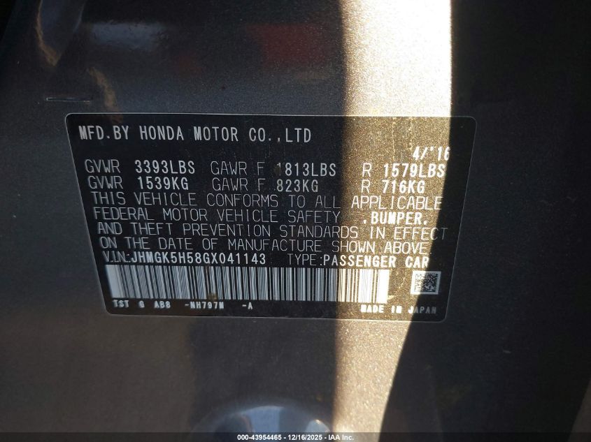 2016 Honda Fit Lx VIN: JHMGK5H58GX041143 Lot: 43954465