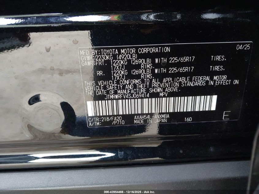 2025 Toyota Rav4 Hybrid Xle VIN: JTMRWRFV4SJ069414 Lot: 43954466