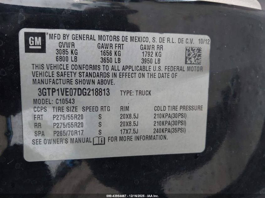 2013 GMC Sierra 1500 Sle VIN: 3GTP1VE07DG218813 Lot: 43954467