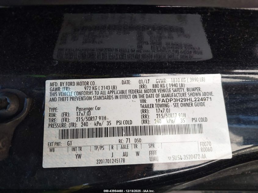 2017 Ford Focus Sel VIN: 1FADP3H29HL224971 Lot: 43954468