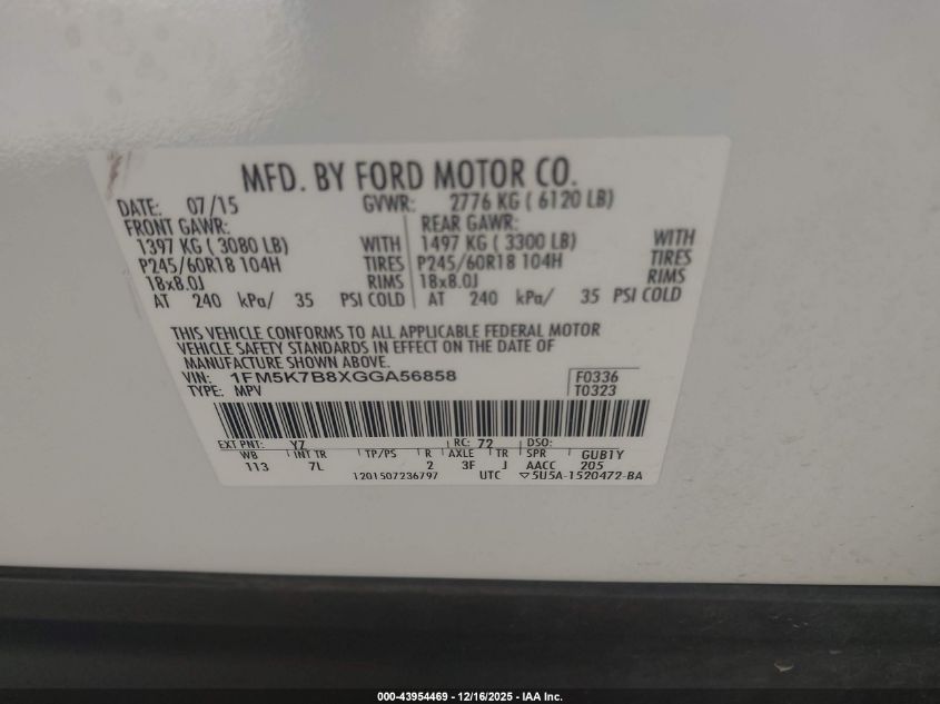 2016 Ford Explorer VIN: 1FM5K7B8XGGA56858 Lot: 43954469