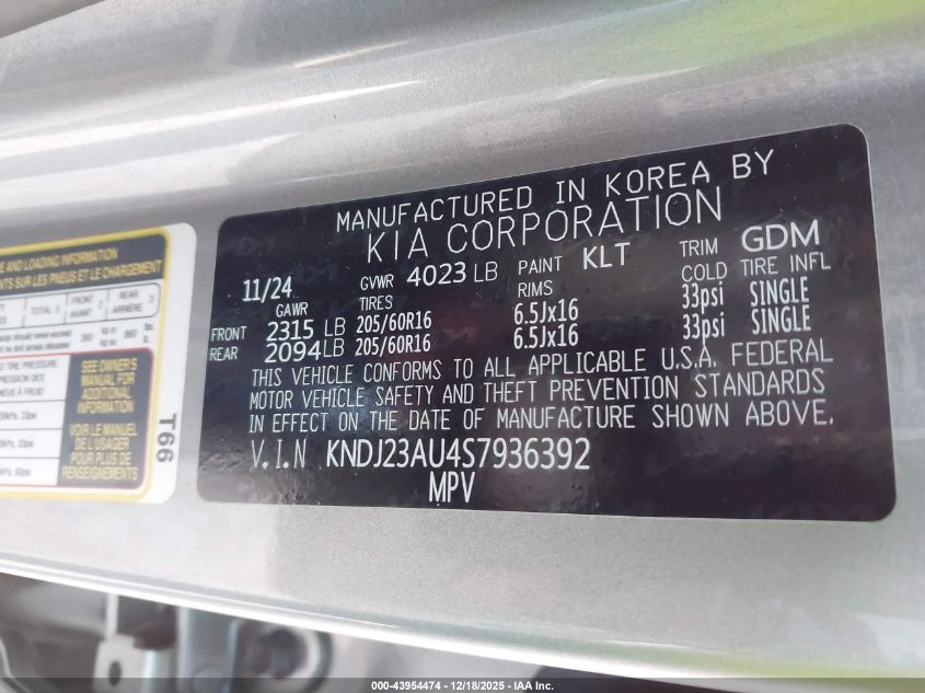 2025 Kia Soul Lx VIN: KNDJ23AU4S7936392 Lot: 43954474