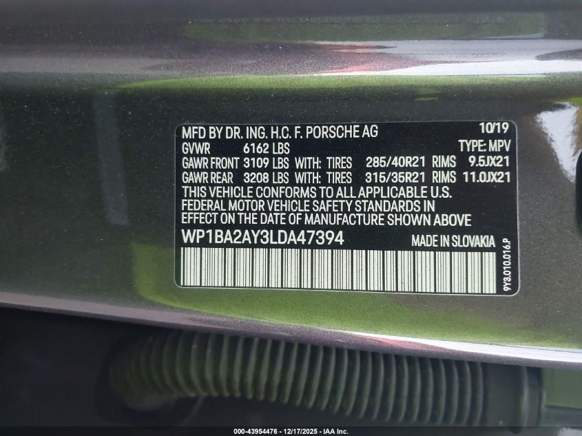 2020 Porsche Cayenne Coupe VIN: WP1BA2AY3LDA47394 Lot: 43954476