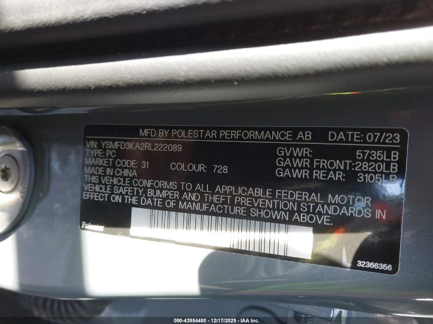 2024 Polestar 2 Long Range Dual Motor/Long Range Dual Motor Plus VIN: YSMFD3KA2RL222089 Lot: 43954480