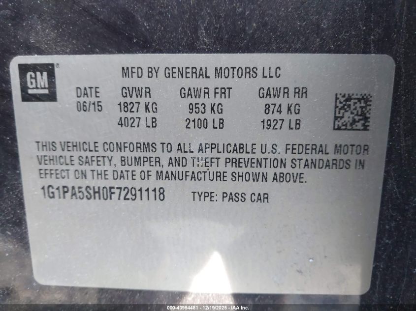 2015 Chevrolet Cruze Ls Auto VIN: 1G1PA5SH0F7291118 Lot: 43954481