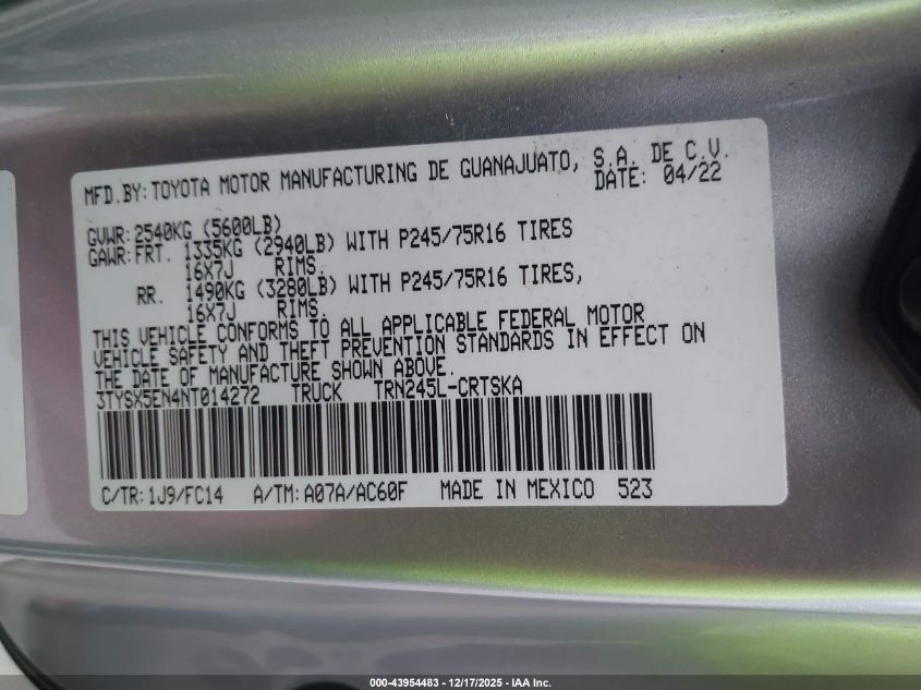 2022 Toyota Tacoma Sr5 VIN: 3TYSX5EN4NT014272 Lot: 43954483