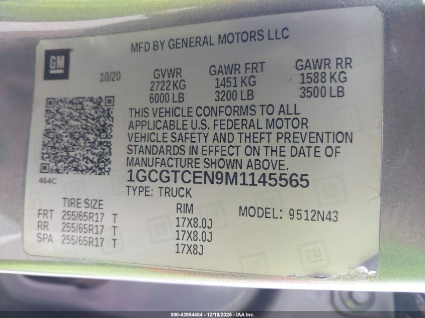 2021 Chevrolet Colorado 4Wd Short Box Lt VIN: 1GCGTCEN9M1145565 Lot: 43954484