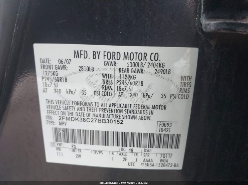 2007 Ford Edge Sel VIN: 2FMDK38C27BB30152 Lot: 43954485