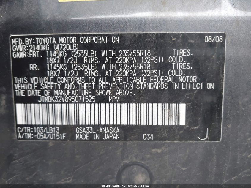 2009 Toyota Rav4 Sport V6 VIN: JTMBK32V895071525 Lot: 43954486