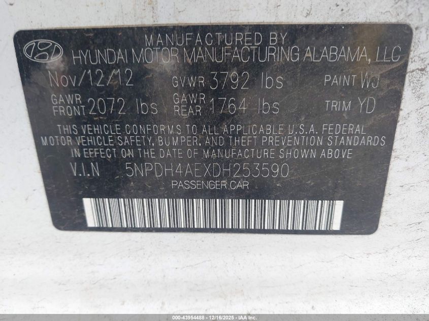 2013 Hyundai Elantra Gls VIN: 5NPDH4AEXDH253590 Lot: 43954488