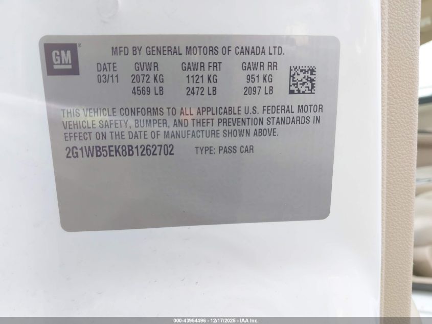 2011 Chevrolet Impala Lt VIN: 2G1WB5EK8B1262702 Lot: 43954496