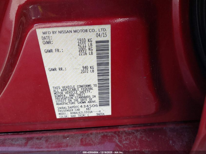 2015 Nissan Altima 2.5 Sv VIN: 1N4AL3AP0FC434506 Lot: 43954504