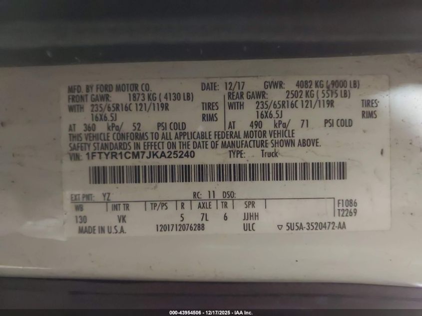 2018 Ford Transit-250 VIN: 1FTYR1CM7JKA25240 Lot: 43954506