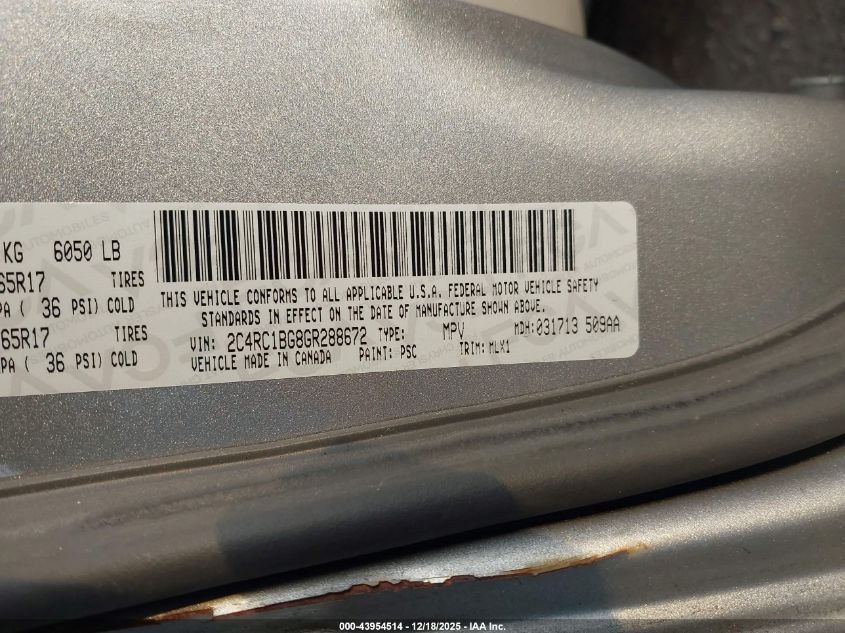 2016 Chrysler Town & Country Touring VIN: 2C4RC1BG8GR288672 Lot: 43954514