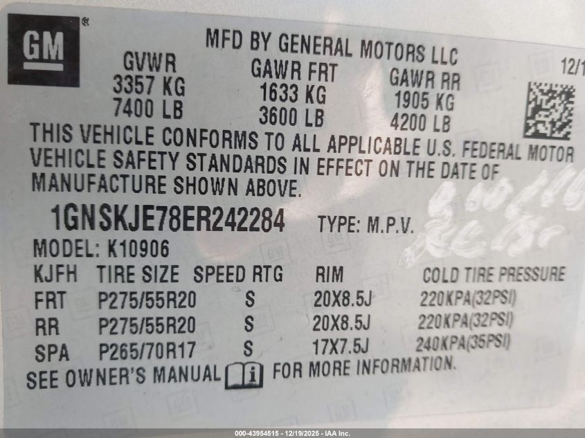 2014 Chevrolet Suburban 1500 Lt VIN: 1GNSKJE78ER242284 Lot: 43954515