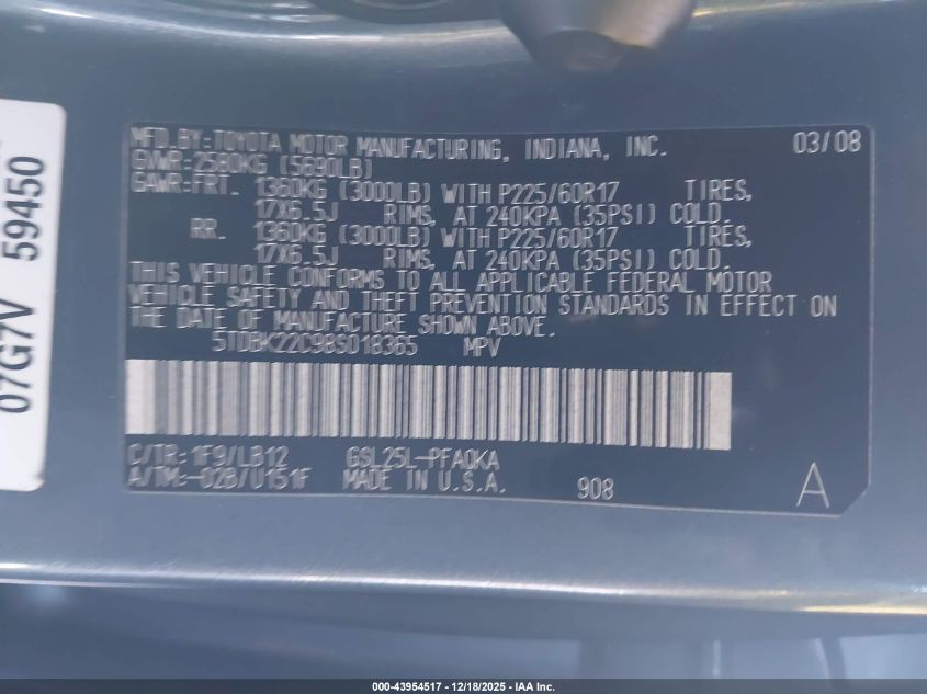 2008 Toyota Sienna Limited VIN: 5TDBK22C98S018365 Lot: 43954517