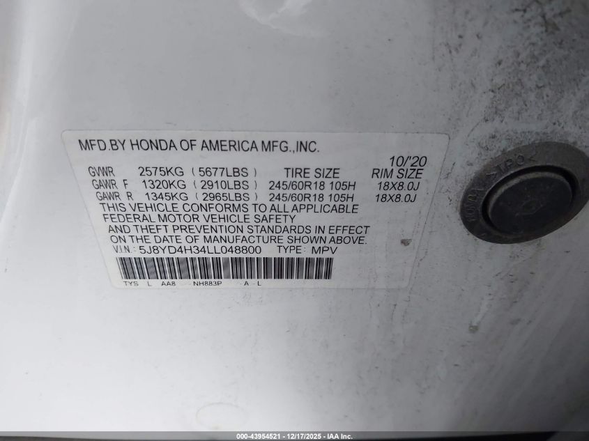 2020 Acura Mdx Standard VIN: 5J8YD4H34LL048800 Lot: 43954521
