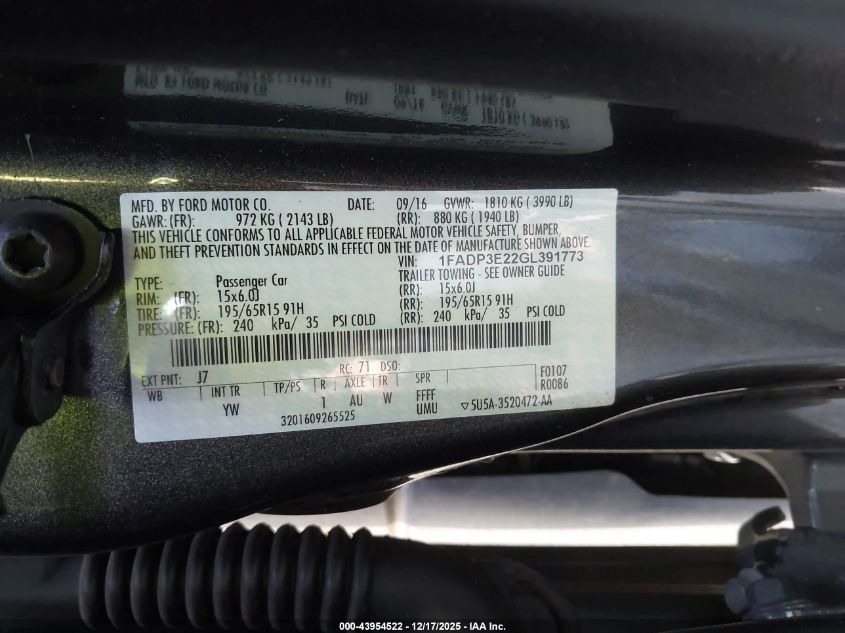 2016 Ford Focus S VIN: 1FADP3E22GL391773 Lot: 43954522