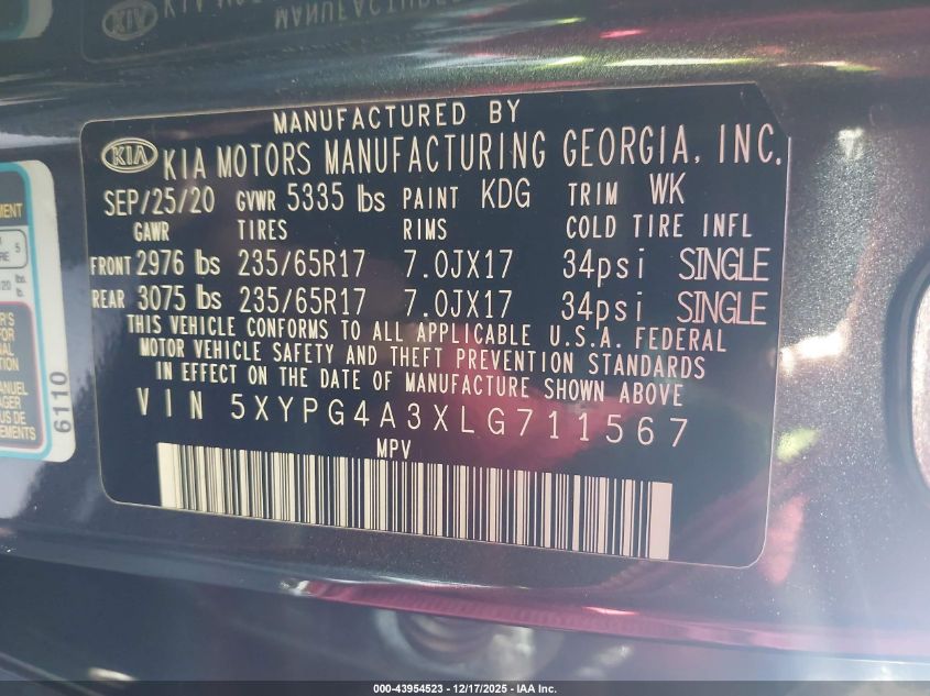 2020 Kia Sorento 2.4L Lx VIN: 5XYPG4A3XLG711567 Lot: 43954523