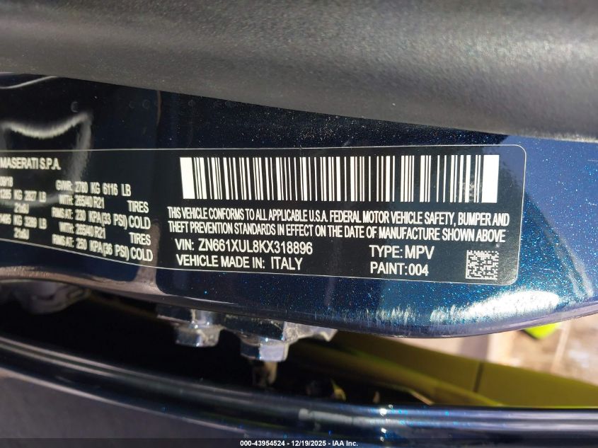2019 Maserati Levante Granlusso VIN: ZN661XUL8KX318896 Lot: 43954524