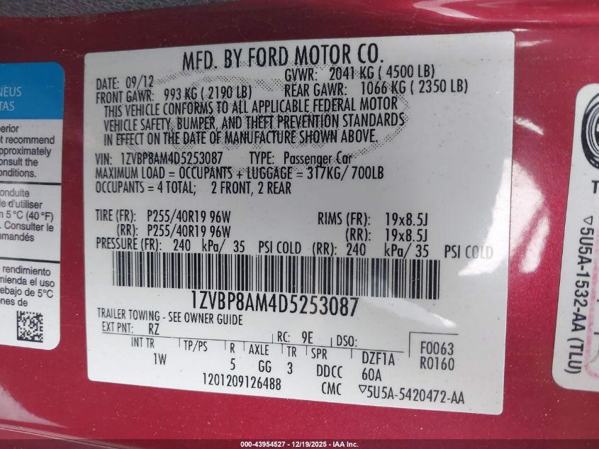 2013 Ford Mustang V6 VIN: 1ZVBP8AM4D5253087 Lot: 43954527