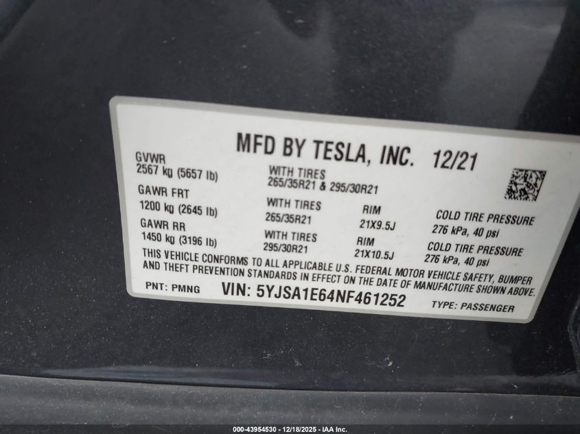 2022 Tesla Model S Plaid Tri Motor All-Wheel Drive VIN: 5YJSA1E64NF461252 Lot: 43954530