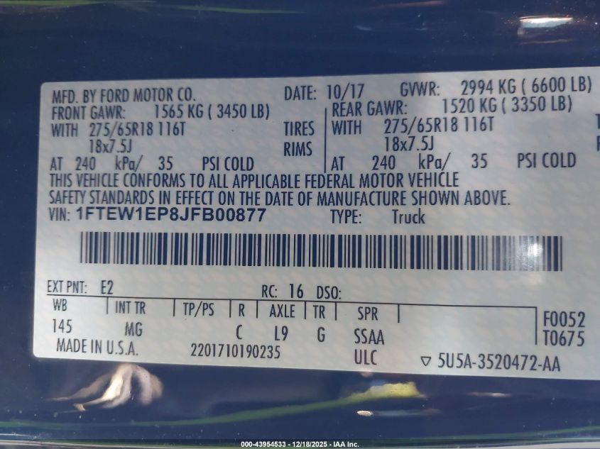 2018 Ford F-150 Xlt VIN: 1FTEW1EP8JFB00877 Lot: 43954533