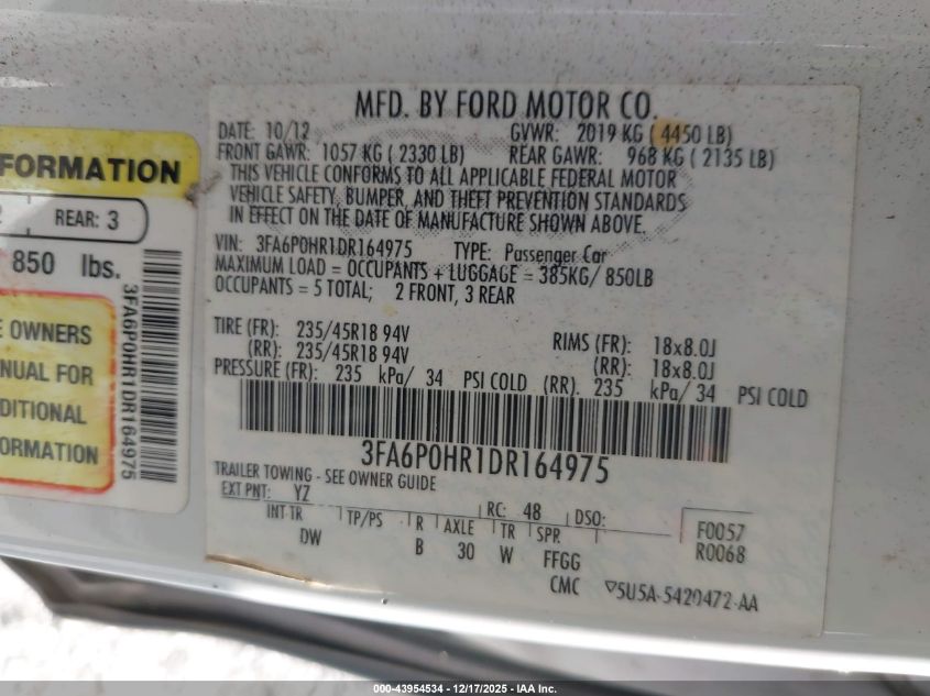 2013 Ford Fusion Se VIN: 3FA6P0HR1DR164975 Lot: 43954534