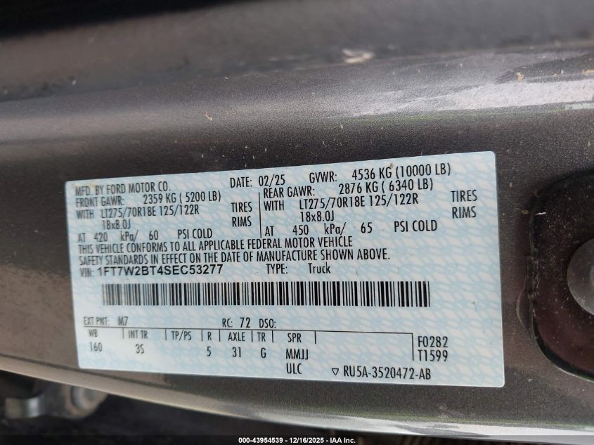 2025 Ford F-250 Xlt VIN: 1FT7W2BT4SEC53277 Lot: 43954539