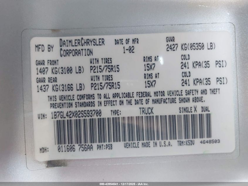 2002 Dodge Dakota Slt VIN: 1B7GL42X02S593700 Lot: 43954541