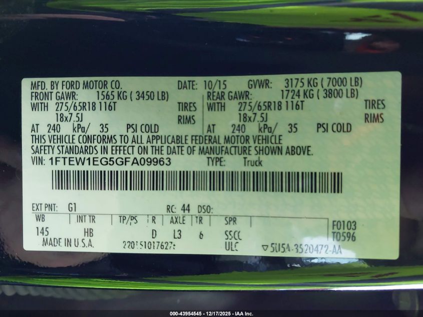 2016 Ford F-150 Lariat VIN: 1FTEW1EG5GFA09963 Lot: 43954545
