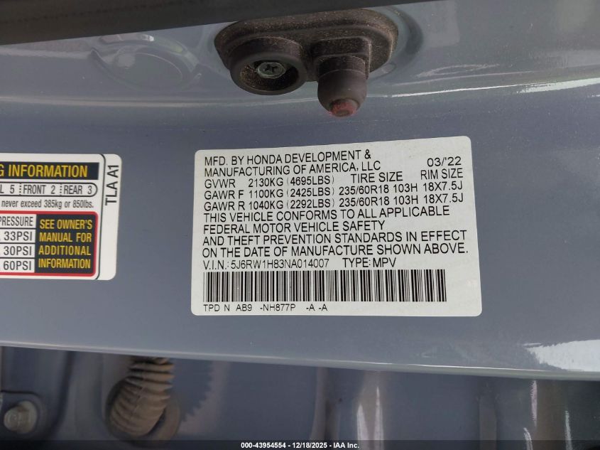 2022 Honda Cr-V 2Wd Ex-L VIN: 5J6RW1H83NA014007 Lot: 43954554