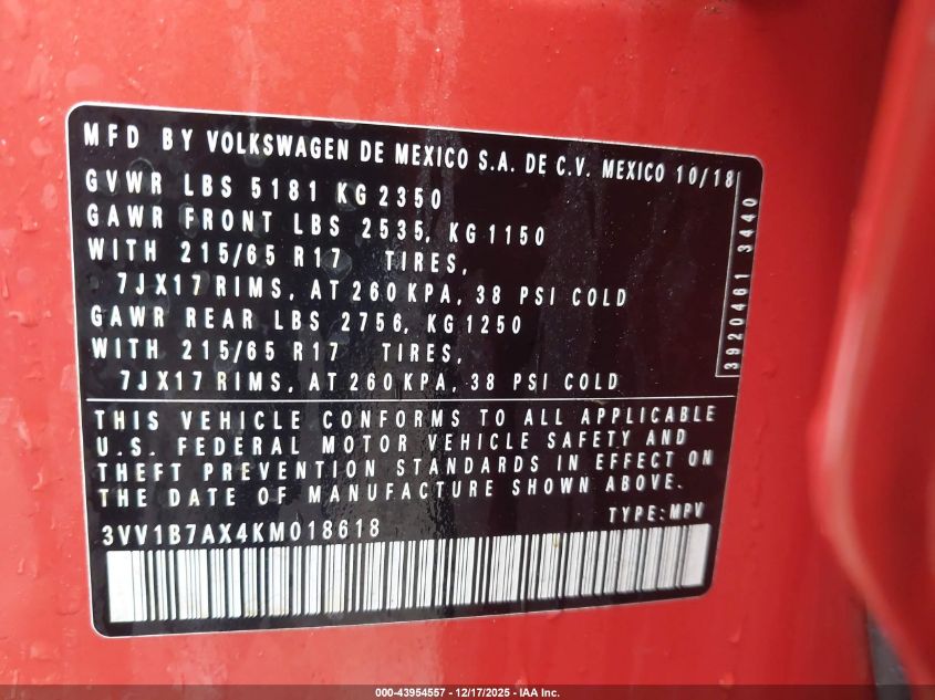 2019 Volkswagen Tiguan 2.0T S VIN: 3VV1B7AX4KM018618 Lot: 43954557