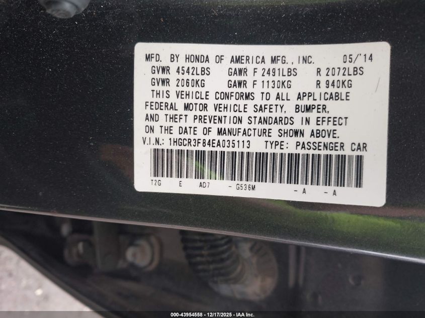 2014 Honda Accord Ex-L V-6 VIN: 1HGCR3F84EA035113 Lot: 43954558
