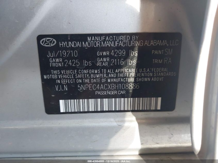 2011 Hyundai Sonata Limited VIN: 5NPEC4ACXBH108886 Lot: 43954559