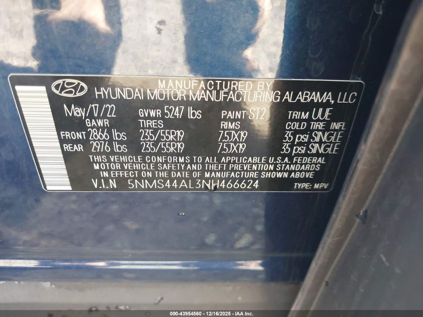 2022 Hyundai Santa Fe Limited VIN: 5NMS44AL3NH466624 Lot: 43954560
