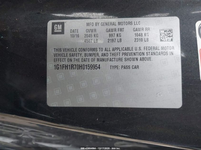 2017 Chevrolet Camaro 2Ss VIN: 1G1FH1R70H0159954 Lot: 43954564