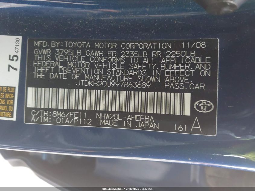 2009 Toyota Prius VIN: JTDKB20U997863689 Lot: 43954566