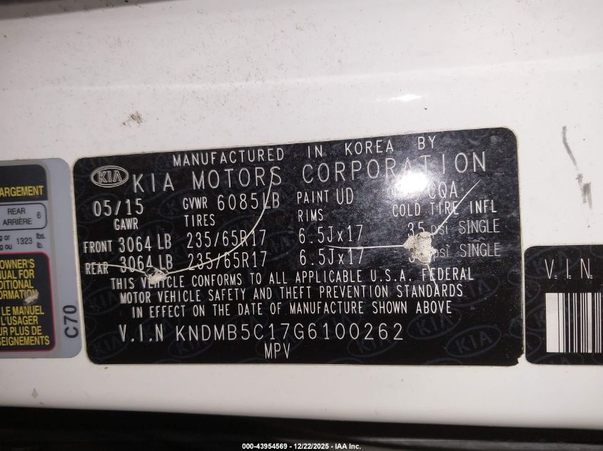 2016 Kia Sedona Lx VIN: KNDMB5C17G6100262 Lot: 43954569