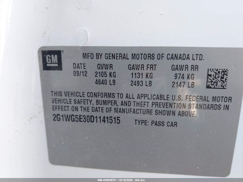 2013 Chevrolet Impala Lt VIN: 2G1WG5E30D1141515 Lot: 43954570