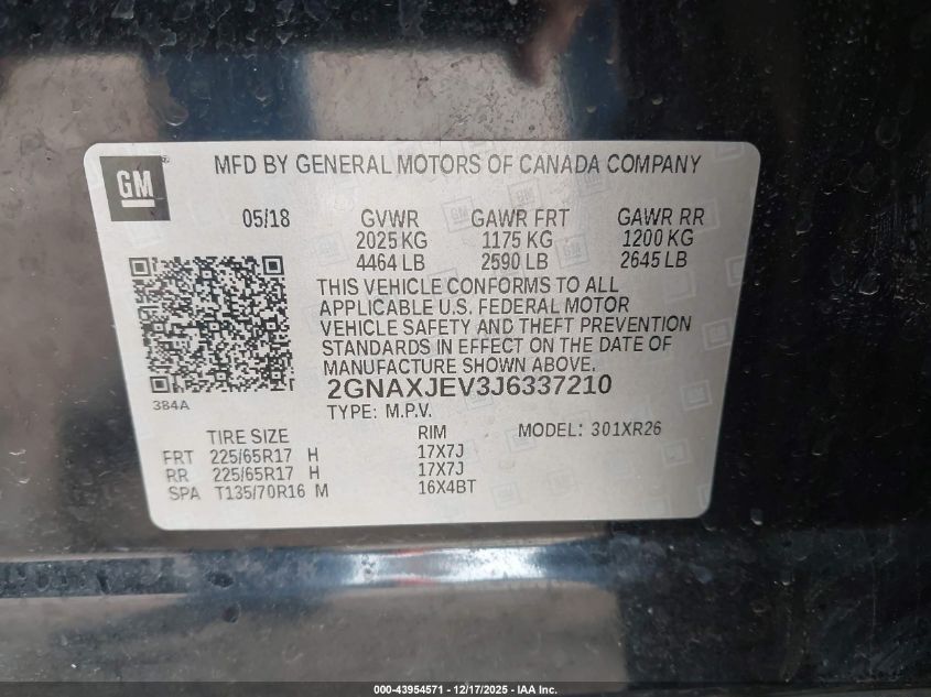 2018 Chevrolet Equinox Lt VIN: 2GNAXJEV3J6337210 Lot: 43954571