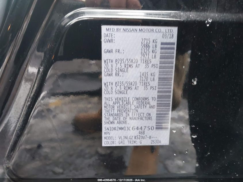2018 Nissan Pathfinder Sl VIN: 5N1DR2MM1JC644750 Lot: 43954578